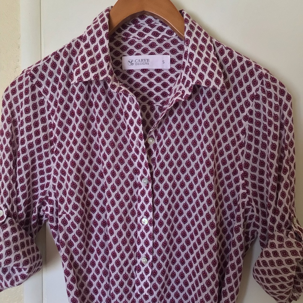 Carve Designs Collared Shirt Dress Small Maroon Print Belted 100% Cotton Casual - Picture 5 of 13